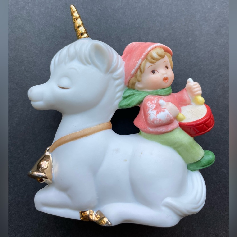 Vintage Enesco Christmas unicorn with little drummer boy. 1985